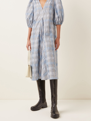 Puff-sleeve Checked Seersucker Midi Dress