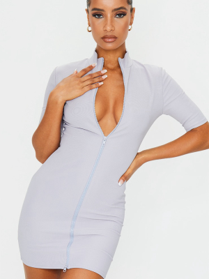 Grey Zip Front Rib Short Sleeve Bodycon Dress