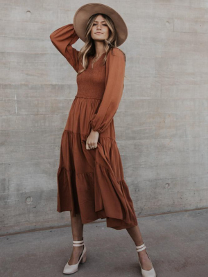 Preorder - Smocked Tiered Midi Dress In Rust