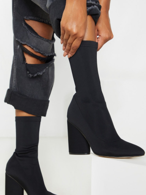 Black Chunky Block Heel Sock Boot