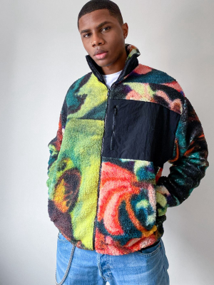 Asos Design Oversized Teddy Track Top In Super Bright All Over Print