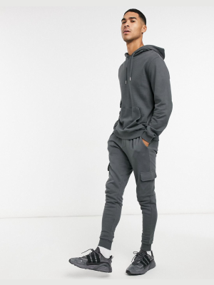 Asos Design Tracksuit With Hoodie & Skinny Cargo Sweatpants In Washed Black