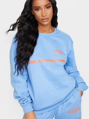 Prettylittlething Blue Slogan Oversized Sweater