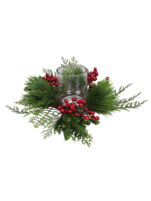 Northlight 15” Traditional Artificial Pine And Red Berry Wreath Pillar Candle Holder - Red/green