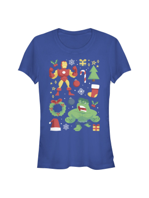 Junior's Marvel Christmas Iron Man & Hulk Cheer T-shirt