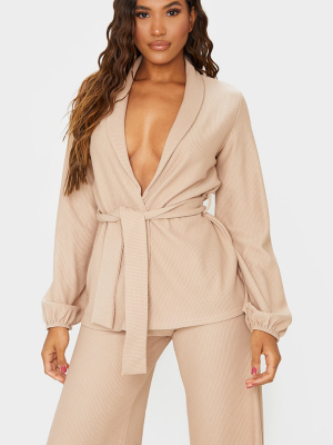 Taupe Wide Rib Belted Balloon Sleeve Blazer