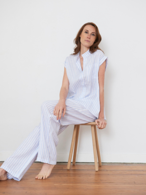 Set - Cuffed Sleeve Shirt And Lounge Pant Pale Blue Linen Stripe