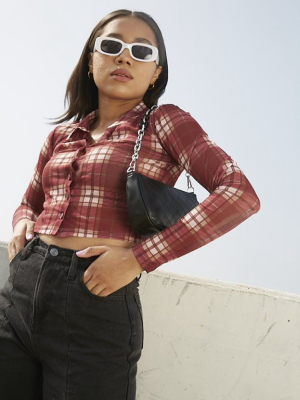 Plaid Mesh Cropped Shirt