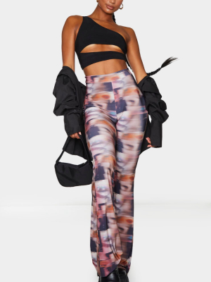 Multi Abstract Print Slinky Flared Trousers