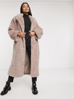 Asos Design Faux Fur Hero Longline Maxi Coat In Mauve