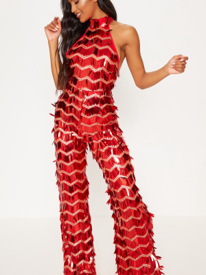Red Sequin High Neck Jumpsuit