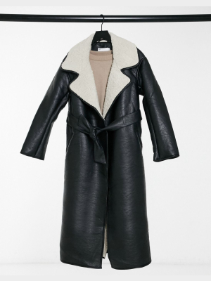 Asos Design Belted Longline Leather-look Coat In Black And Cream