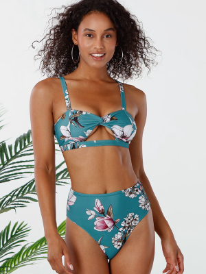 Blue Floral Twist Cutout High Waisted Bikini