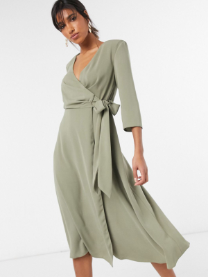 Asos Design Wrap Front Midi Dress With Shoulder Pad In Soft Khaki