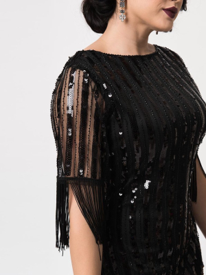 Unique Vintage Black Sequin Fringe Sleeve Marcy Flapper Dress