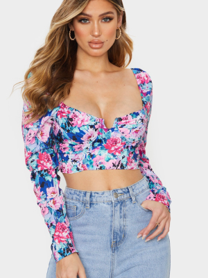 Multi 80s Floral Printed Cup Ruched Crop Top