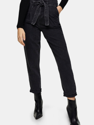 Washed Black Paperbag Waist Mom Tapered Jeans