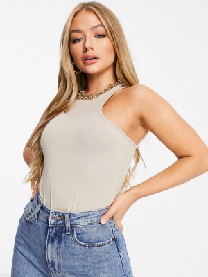 Asos Design Racer Front Bodysuit In Taupe