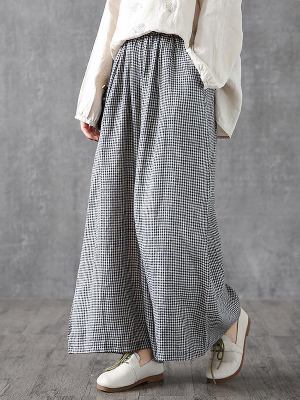 Pus Size- Buykud Hand-made Plaid Linen  Wide Leg Pants