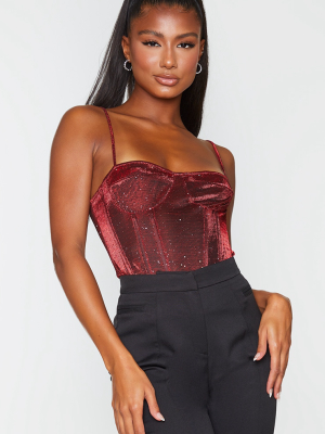 Burgundy Mesh Glitter Structured Corset Top