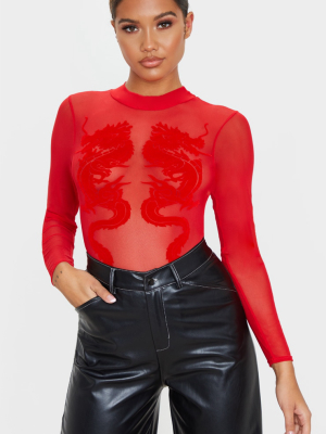 Red Dragon Printed Mesh Bodysuit