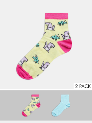Asos Design 2 Pack Dinosaur And Plain Ankle Socks In Multi