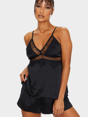 Black Lace Bust Detail Satin Cami And Short Set