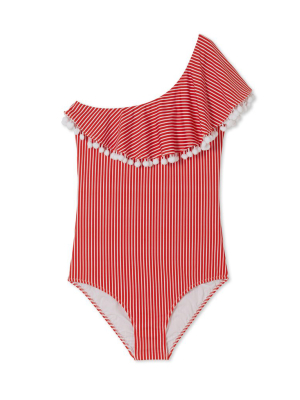 Flared Pom Pom One Piece Swimsuit (kids) - Red Stripe Print