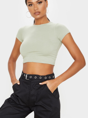 Sage Khaki Cotton Short Sleeve Crop Top