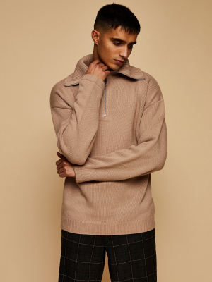 Stone High Zip Neck Knitted Sweater