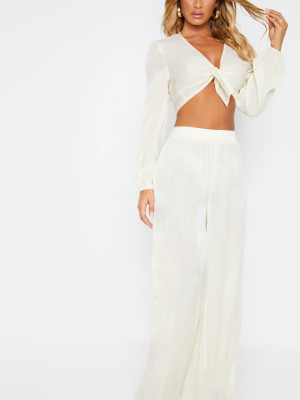 Cream Textured Wide Leg Pants