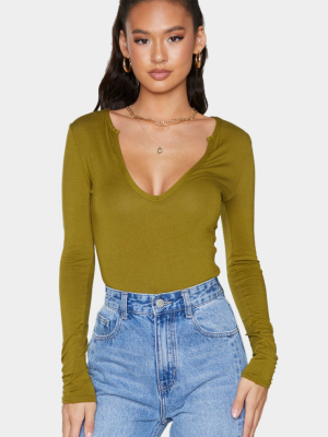 Olive Basic Plunge Long Sleeve Bodysuit