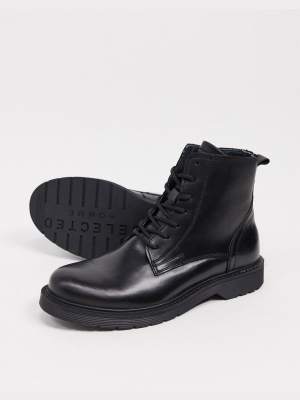 Selected Homme Leather Lace Up Boot In Black