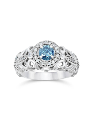 Pompeii3 3/4ct Blue & White Diamond Vintage Halo Engagement Ring 14k White Gold - Size 5.5