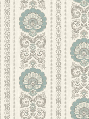 Ornate Fanned Damask Stripe Wallpaper In Light Aqua From The Caspia Collection By Wallquest