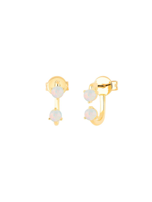 Double Prong Set Opal Earrings - Yellow Gold