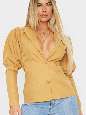 Camel Woven Puff Sleeve Button Front Shirt