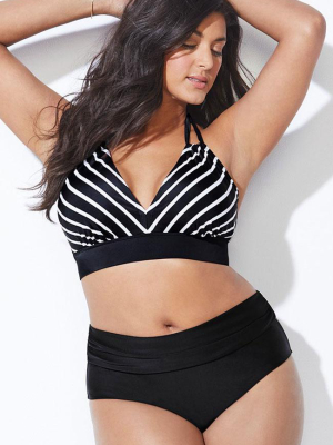 Plus Size Striped High Waisted Halter Bikini Swimsuit - Two Piece Set