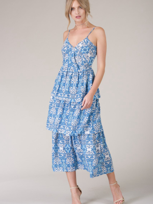 Floral Blue Strap Ruffle Layer Dress