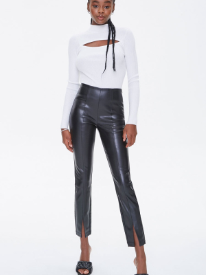 Notched Faux Leather Ankle Pants