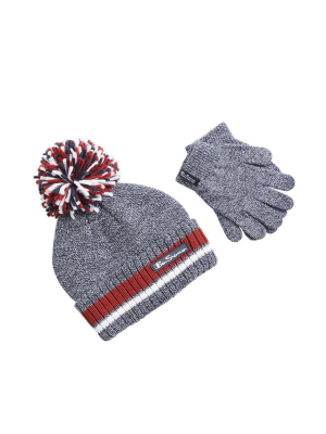 Kids' Marled Knit Jacquard Stripes Hat & Gloves Set - Navy