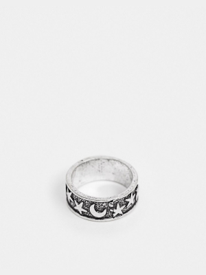 Asos Design Ring With Star And Moon Detail In Burnished Silver Tone