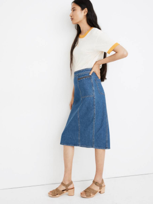 Stretch Denim Midi Pencil Skirt