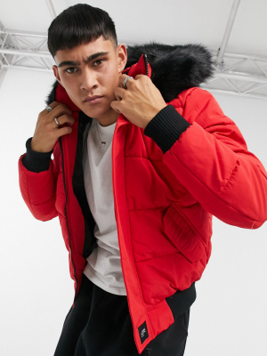 Sixth June Puffer Jacket With Faux-fur Hood Trim In Red