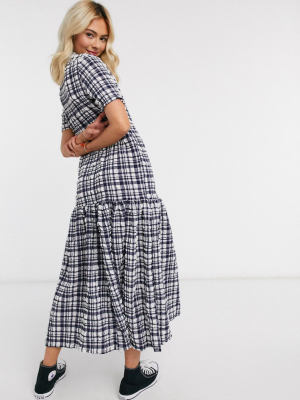 Monki Berna Seersucker Check Dress In Blue