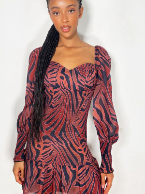 Rust Zebra Print Chiffon Shirred Long Sleeve...