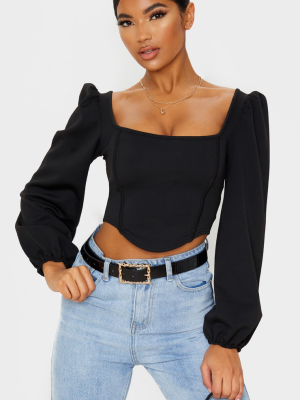 Black Binding Balloon Sleeve Crop Top