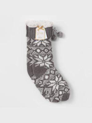 Women's Fair Isle Sherpa Lined Slipper Socks With Grippers - Gray 4-10