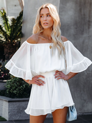 Definitely Demure Off The Shoulder Chiffon Romper - White - Final Sale