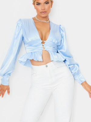 Baby Blue Satin Ruched Button Waist Blouse